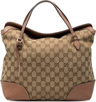 Gucci Gg Canvas Beige Brown Gg Canvas Leather Handbag Tote Bag (Pre-Owned)