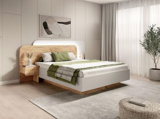 Vente-Unique Letto con contenitore con comodini 160 x 200 cm Con LED Naturale e Bianco - DESADO