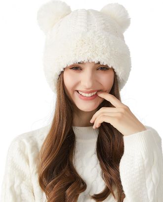 Feoya Knitted Beanie with Pompom Women Warm Winter Hat Fleece Lined Cute Cap Ribbed Knit Faux Fur Bobble Hat White