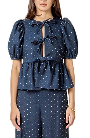 English Factory Dot Tie Front Puff Sleeve Top in Navy at Nordstrom, Size X-Small