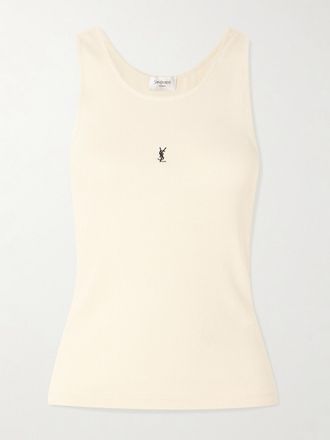 Saint Laurent Canotta In Jersey Di Cotone A Coste Con Logo Ricamato Cassandre - Bianco sporco