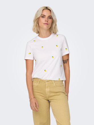 Only Kurzarmshirt ONLY ONLKETTY LIFE S/S O-NECK TOP JRS NOOS, Damen, Gr. L, hellwei&szlig; aop:lemon, Jersey, Obermaterial: 100% Baumwolle, bedruckt, regular fit