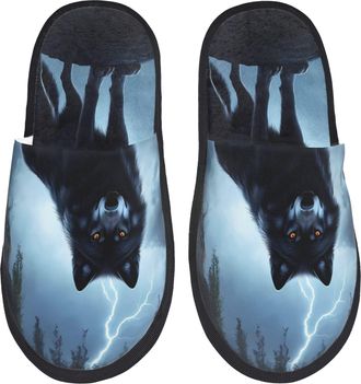 Generic Fluffy Slippers Night Scene Of Wolves Reusable House Slippers Warm House Shoes For Room Ladies Holiday M