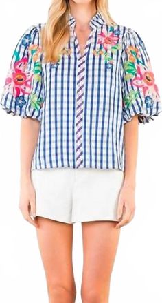 THML Clothing Puff Sleeve Embroidery Textured Top In Blue Gingham
