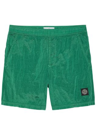 Stone Island Logo Crinkled Nylon Swim Shorts - Dark Green - XL