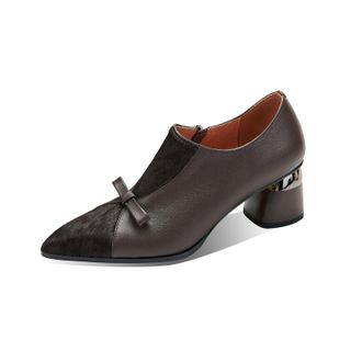 TinaCus Womens Genuine Leather Bowknot Side Zip Patchwork Pointed Toe Pumps Shoes, Brown, 3 UK