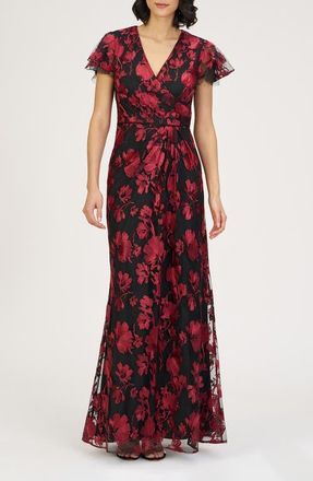 JS Collections Fauna Floral Embroidered Flutter Sleeve Gown in Red/Black at Nordstrom, Size 18