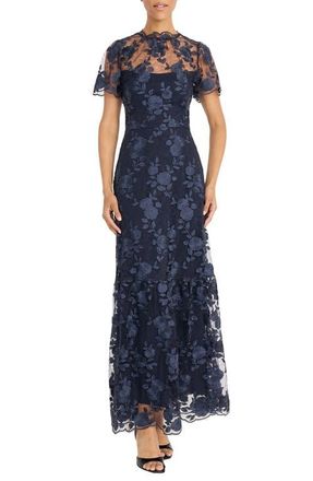 Maggy London Embroidered Tiered Gown in Twilight Navy at Nordstrom, Size 6