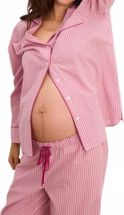 Hatch Striped Cotton Classic Pajama Set -Maternity In Raspberry