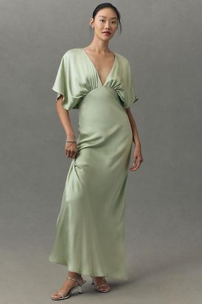 BHLDN Amelia Deep-V Flutter-Sleeve Satin A-Line Gown