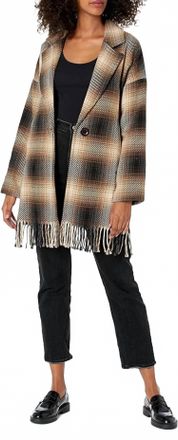 Karen Kane Plaid Fringe Trim Jacket In Brown