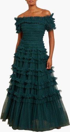 Needle & Thread Lisette Ruffle Off Shoulder Gown in Emerald at Nordstrom, Size 10