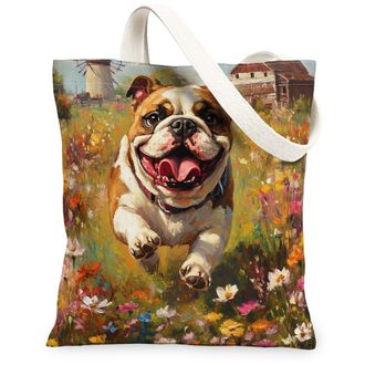 Generic Spring Bulldog Dog Canvas Tote Bag for Shopping 13x15, Country Garden Puppy Reusable Grocery Print Pattern Bag for Women, Fun Flower Pet Beach Aesthet