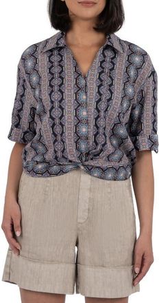 Kut from the Kloth Rebel Printed Knot Front Linen Blend Top in Albi Stripe Navy Burnt Orange at Nordstrom, Size X-Small