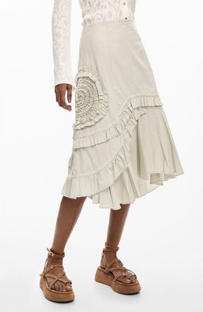 Desigual Ruffle Asymmetric Midi Skirt in Off White at Nordstrom, Size X-Small