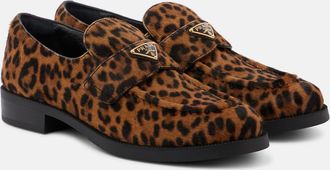 Prada Logo leopard-print calf hair loafers