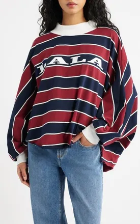 Dressed in Lala College Dropout Oversize Stripe Logo Sweatshirt in Wine at Nordstrom, Size Large