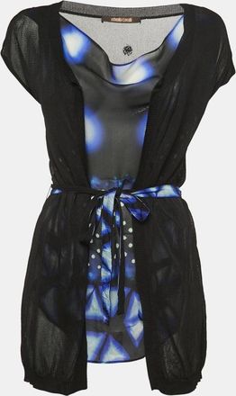 Roberto Cavalli Black/blue Print Silk & Knit Sleeveless Belted Top