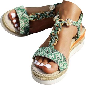 Generic Wide Width Wedge Sandals For Women,2026 Open Toe Jeweled Beaded Platform Sandals for Women Summer Dressy Strap Walking Shoes Vintage Non Slip Casual S