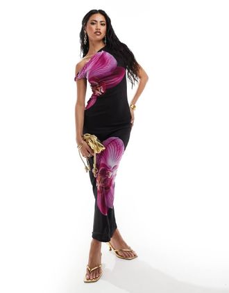 KAIIA exclusive double layered slinky one shoulder maxi dress with mesh overlayer in black and purple flower print-Multi