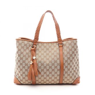 Gucci Beige Brown Canvas Leather Handbag Tote Bag (Pre-Owned)