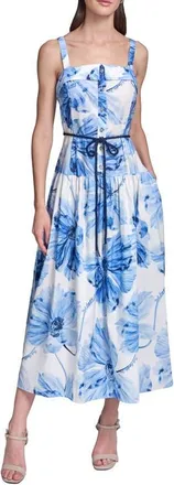 Karl Lagerfeld Floral Print Sleeveless Dress in Porcelain Blue Multi at Nordstrom, Size 14