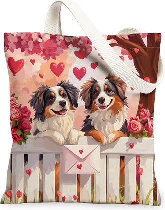 Generic Valentines Day Australian Shepherd Dog Canvas Tote Bag for Shopping 13x15, Farm Couple Puppy Reusable Grocery Print Pattern Bag for Women, Pet Beach A