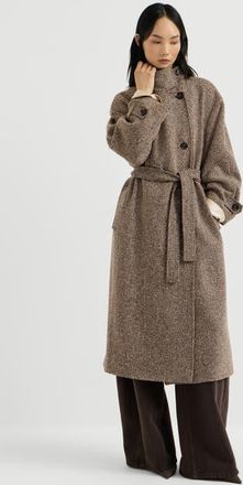 Brunello Cucinelli Sparkling virgin wool chevron belted coat with monili in Light Brown at Nordstrom, Size 40