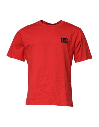 Dolce & Gabbana Mens Red Dg Logo Patch Cotton Crew Neck T-Shirt