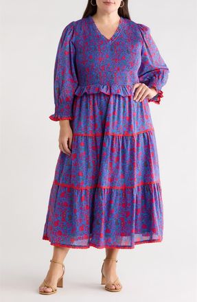 Sugarlips Tanya Floral Print Smocked Maxi Dress in Blue-Fuchsia at Nordstrom, Size 3X