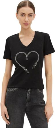 Fracomina Camiseta de punto de algod&oacute;n regular con pedrer&iacute;a - Tops - Mujer - Negro - XL