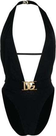 Dolce & Gabbana Badpak uit &eacute;&eacute;n stuk met diepe V-hals en riem - Dames - Badpakken - Zwart - M - Polyester - Badmode