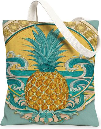 Generic Vintage Pineapple Canvas Tote Bags, Artistic Tropical Print Reusable Grocery Bags, Summer Beach Lightweight Washable Should, Teal, 13x15 Inch