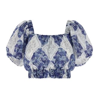 Twinset Blouses, female, Blue, Size: 2XS Floral Lozenge Print Ramie Blouse