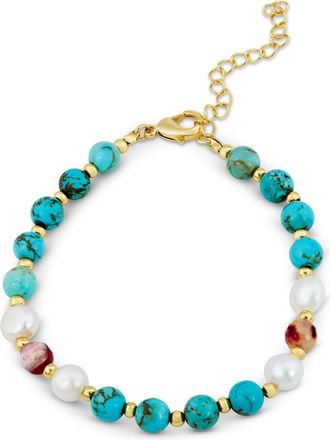 Savvy Cie Jewels GOLD PLATED OVER BRASS FRESH WATER PEARL-RED AGATE AND TURQUOISE BRACELET