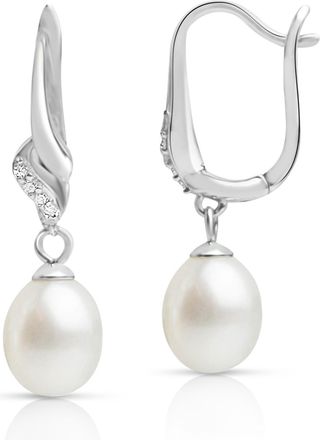 MAX + STONE 925 Sterling Silver Freshwater Pearl & Diamond Dangle Earrings