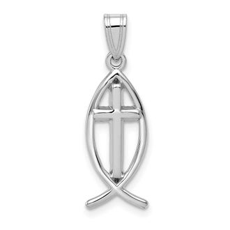 Diamond2Deal 14k White Gold Cross Ichthus Fish Pendant