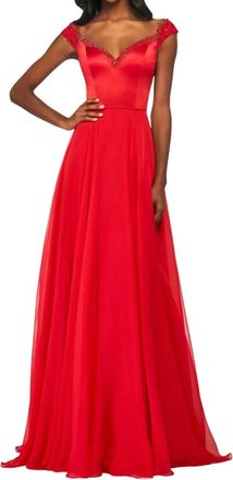 Sherri Hill Lace Cap-Sleeves Chiffon Prom Dress In Red