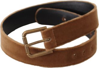 Dolce & Gabbana Womens Brown Velvet Bronze Vintage Logo Metal Buckle Belt Leather