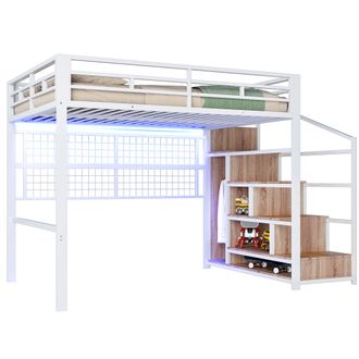 STILVORA Letto A Soppalco 140 X 200 Cm Con Armadio, Scala Di Stoccaggio E Led 7 Colori, Senza Materasso, In Metallo, Bianco