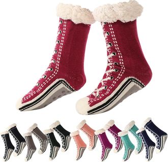 Generic Ultra-thick Cashmere Slipper Home Socks, Non Slip Shimmery Christmas Slipper Socks, Cashmere Socks for Women (Burgundy, Adult, Women, One Size, Alpha,