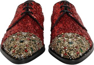 Dolce & Gabbana Red Sequin Embellished Men Derby Dress Shoes Leather