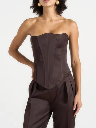 Mani&egrave;re De Voir Scarlett Satin Lace Up Corset in Brown at Nordstrom, Size X-Small