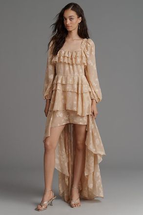For Love & Lemons Colette Satin Burnout High-Low Dress