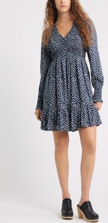 Treasure & Bond Long Sleeve Smocked Bodice Dress in Navy- Grey Ditsy Trail at Nordstrom, Size Xx-Large