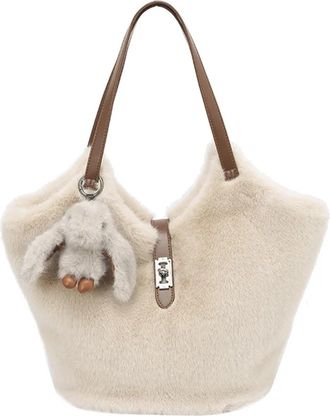 Generic Womens Plush Bags Fluffy Texture Shoulder Bag Solid Color Commuting Bucket Women Casual Versatile Handle(Apricot)