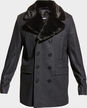 Karl Lagerfeld Men & apos;s Wool Peacoat w/ Faux Fur Collar