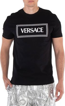 Versace Mens Black Logo-Embroidered Cotton T-Shirt