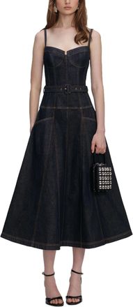 Self Portrait Indigo Denim Flared Midi Dress with Contrast Stitching