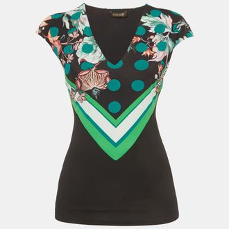 Roberto Cavalli Black Floral Print Jersey Cap Sleeve Top